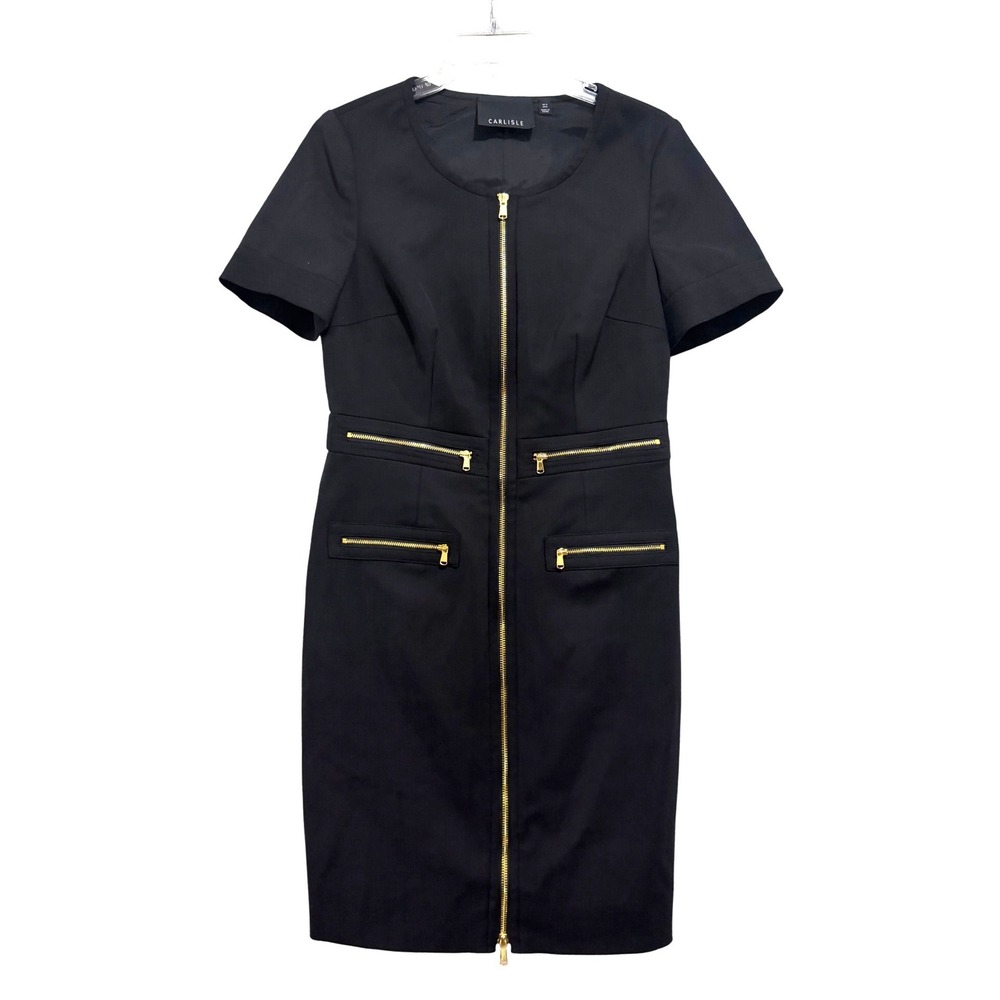 Carlisle Womens Black Gold Zip Front Sheath Dress Short Sleeve Size 4